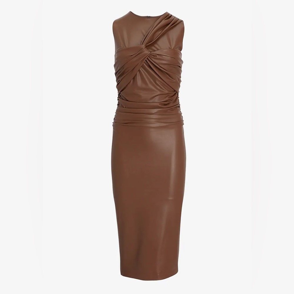 Body Contour Faux Leather Twist Front Midi Dress With Built-In Shapewear XS EUC